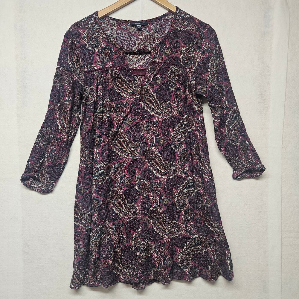 American Eagle Purple Paisley Long Sleeve Mini Dress Cutout V-Neck Women’s Small